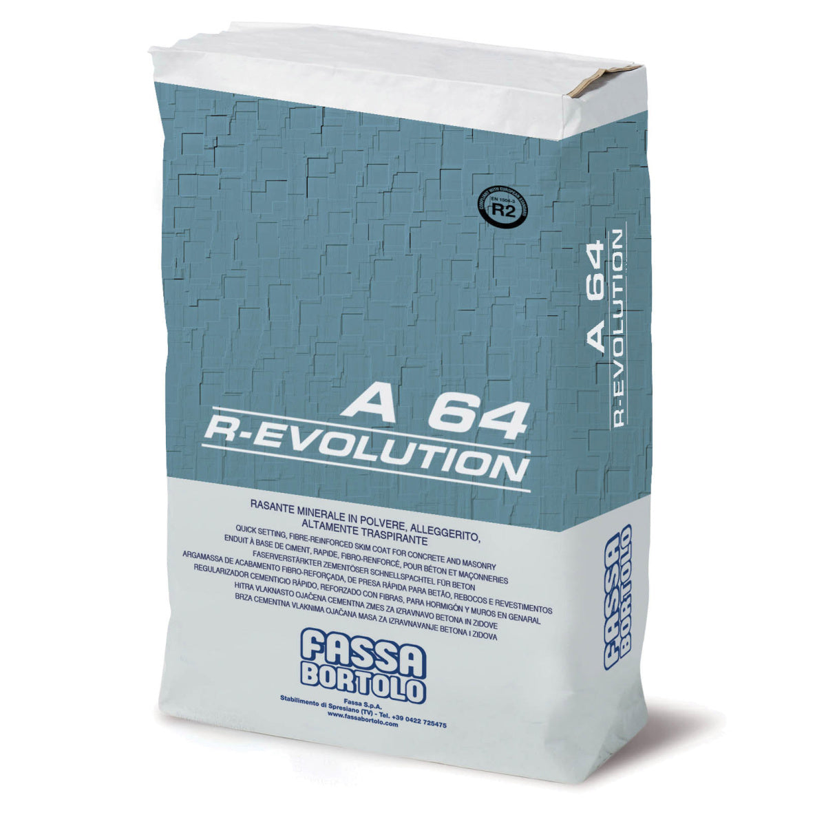 A 64 R-EUVOLUTION – Invelis mineral hidrofug armat cu fibre si polimer modificat, pentru aplicarea pe suprafete cu rezistenta mecanica ridicata, pe baza de var si liant hidraulic,pentru interioare si exterioare.